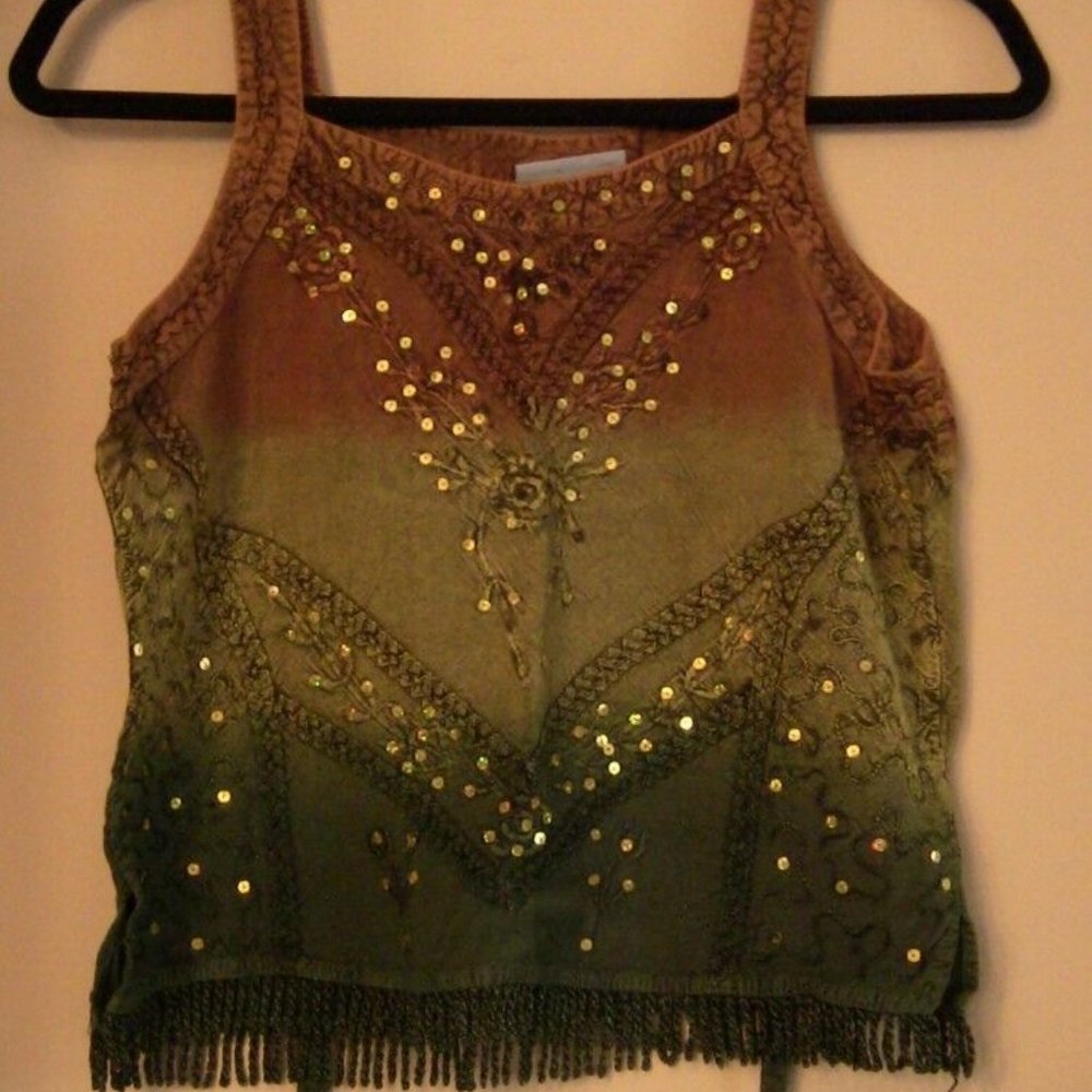 Brown Green Tank Top Gold Sparkle Sequin Home Size Small Ombre Style Fashion